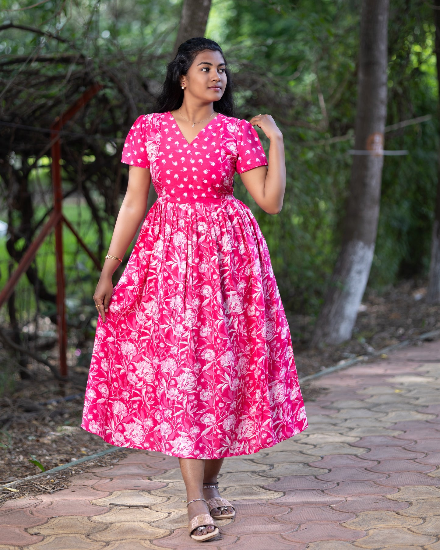 Feeding Women's Maxi Nighty – Full-Length Nightwear-Bright Pink with White Floral