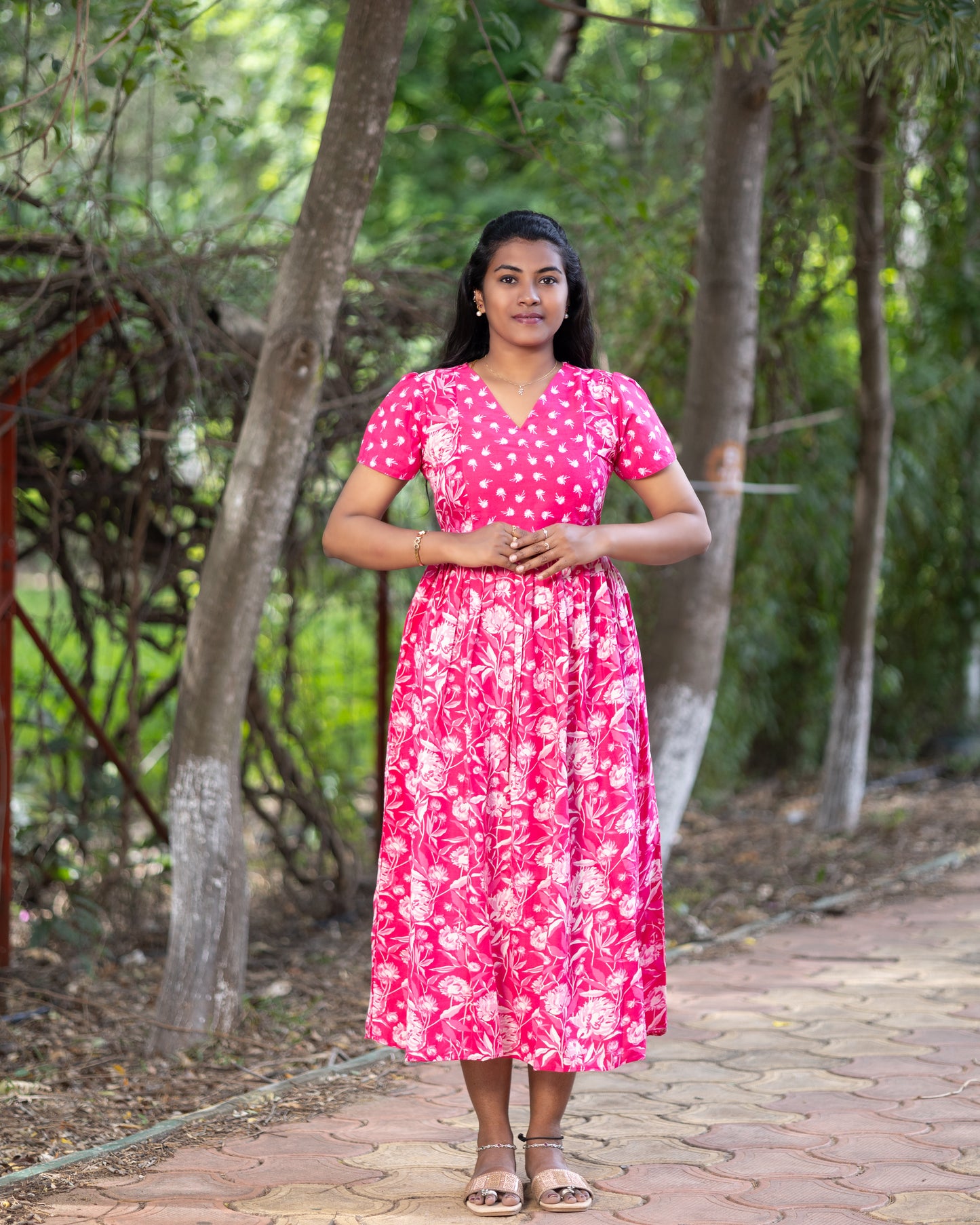 Feeding Women's Maxi Nighty – Full-Length Nightwear-Bright Pink with White Floral