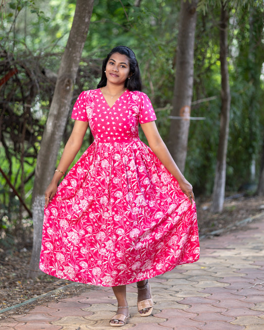 Feeding Women's Maxi Nighty – Full-Length Nightwear-Bright Pink with White Floral