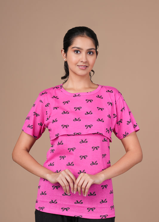 Women’s Zipless Feeding Top-Bright Pink with Black Print