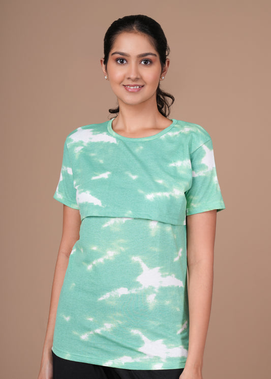 Women’s Zipless Feeding Top-Mint Green & White Prints.