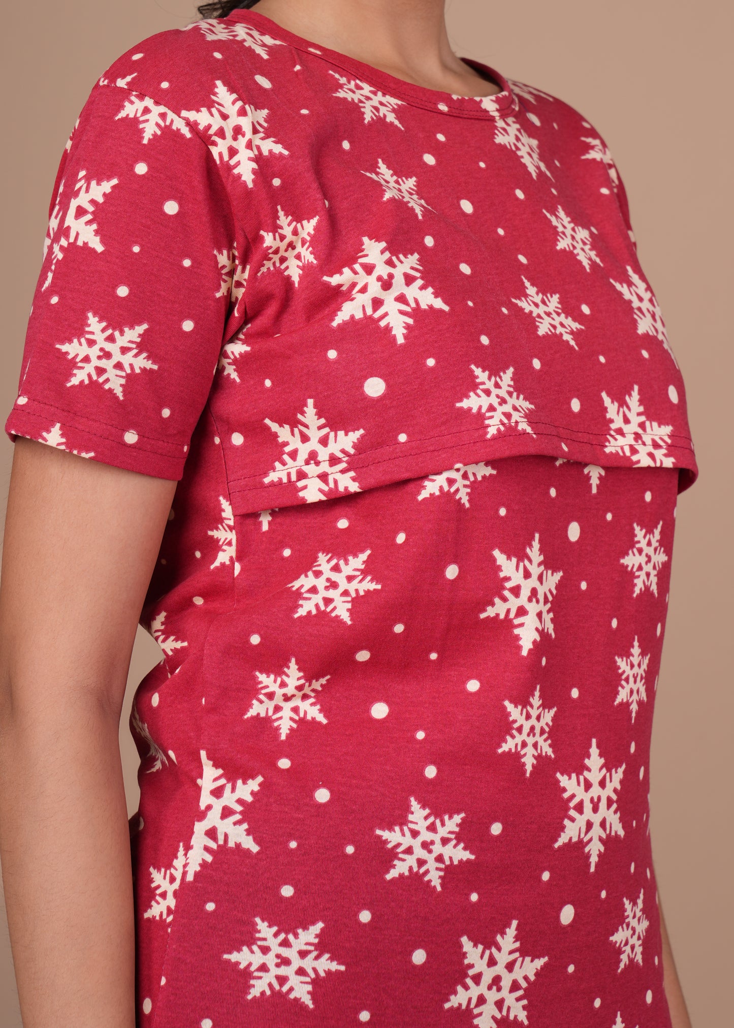 Women’s Zipless Feeding Top-Red with White Snowflake Print