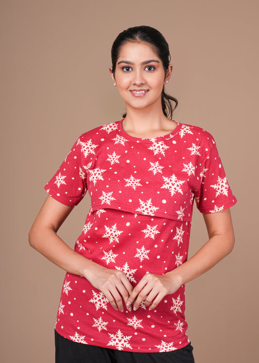 Women’s Zipless Feeding Top-Red with White Snowflake Print