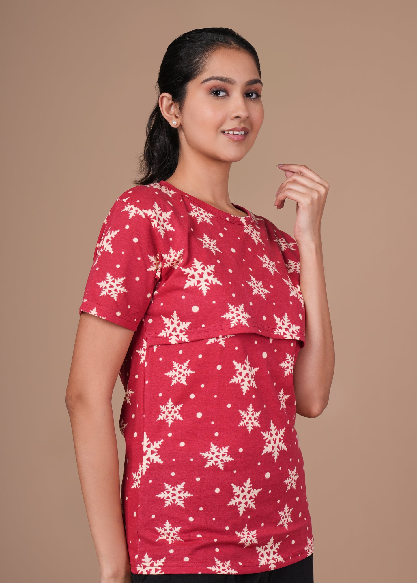 Women’s Zipless Feeding Top-Red with White Snowflake Print