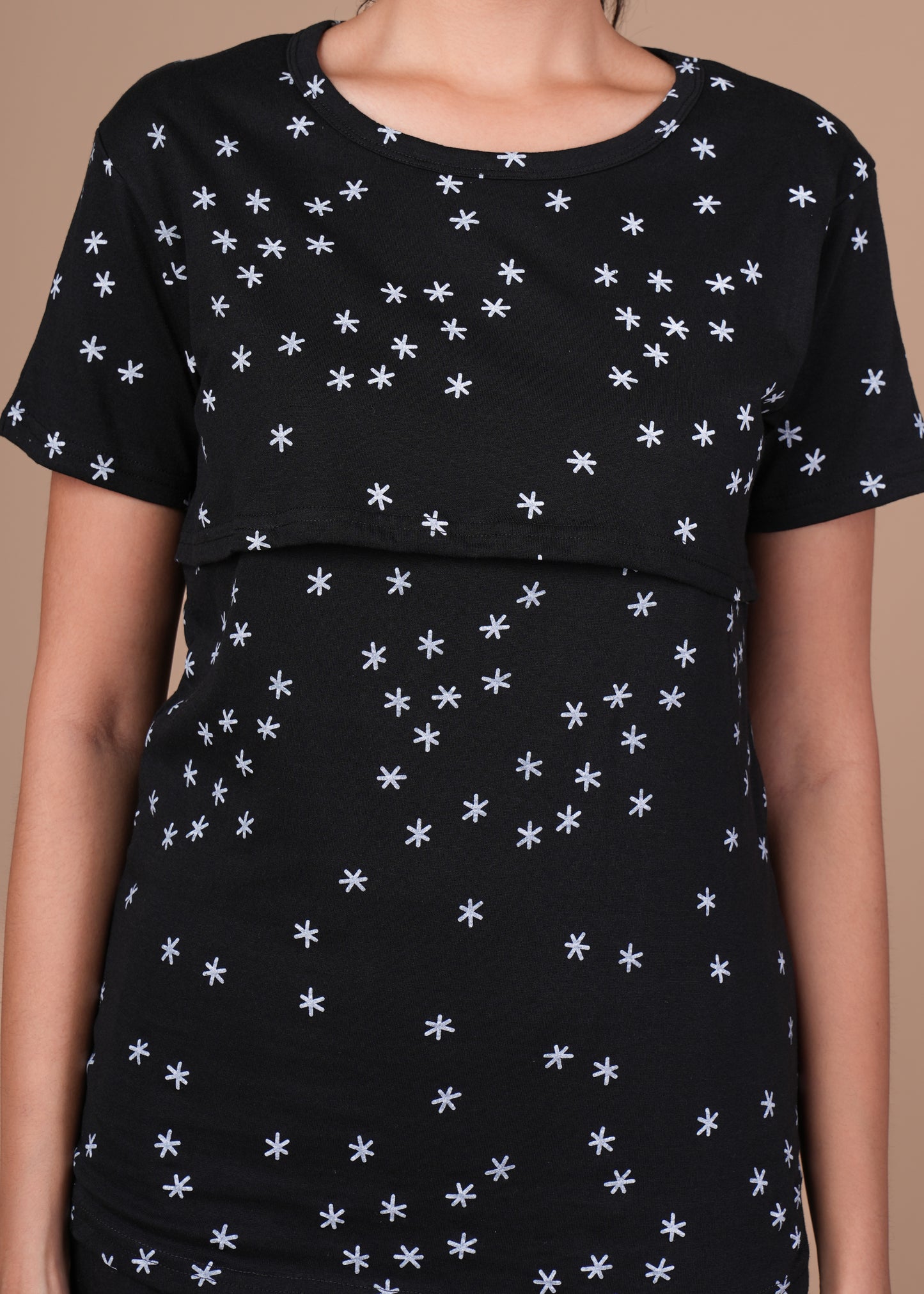 Women’s Zipless Feeding Top-Black with White Star Prints.