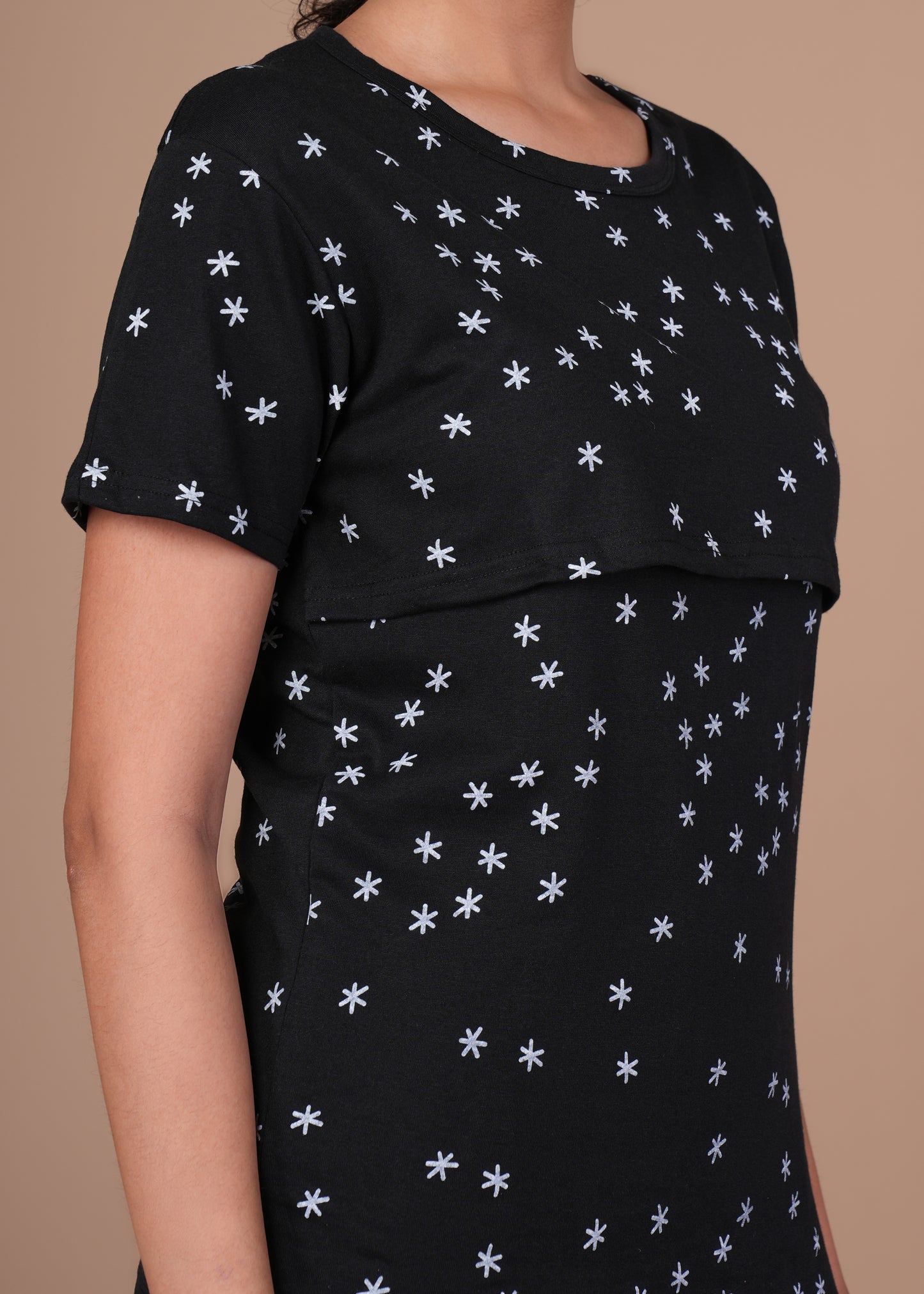 Women’s Zipless Feeding Top-Black with White Star Prints.