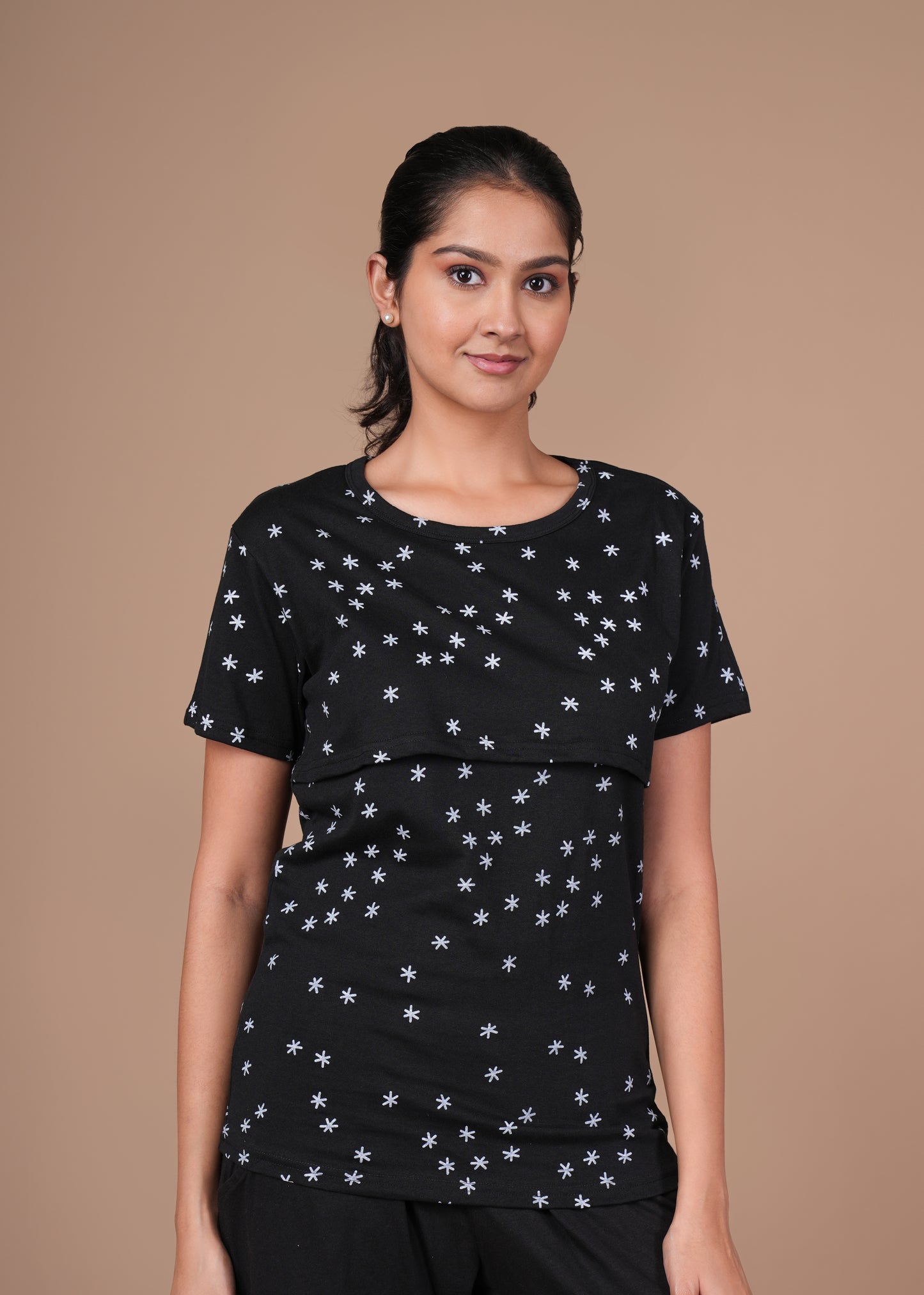 Women’s Zipless Feeding Top-Black with White Star Prints.