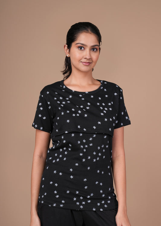 Women’s Zipless Feeding Top-Black with White Star Prints.