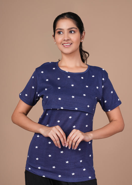 Women’s Zipless Feeding Top-Navy Blue with White Stars