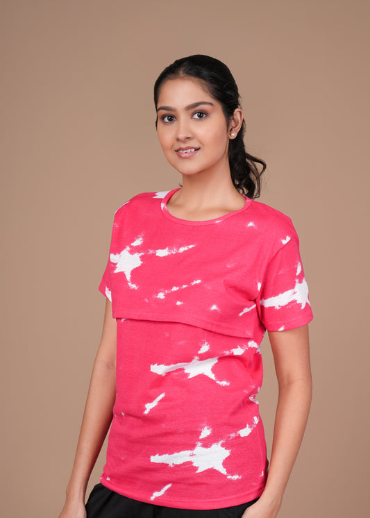 Women’s Zipless Feeding Top-Bright Pink with White Tie-Dye