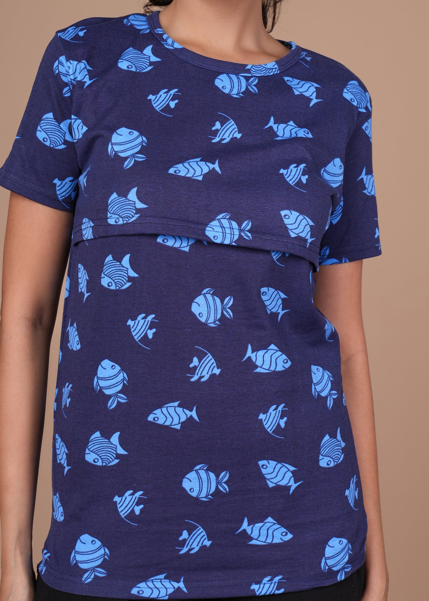 Women’s Zipless Feeding Top-Navy Blue with Light Blue Fish Print
