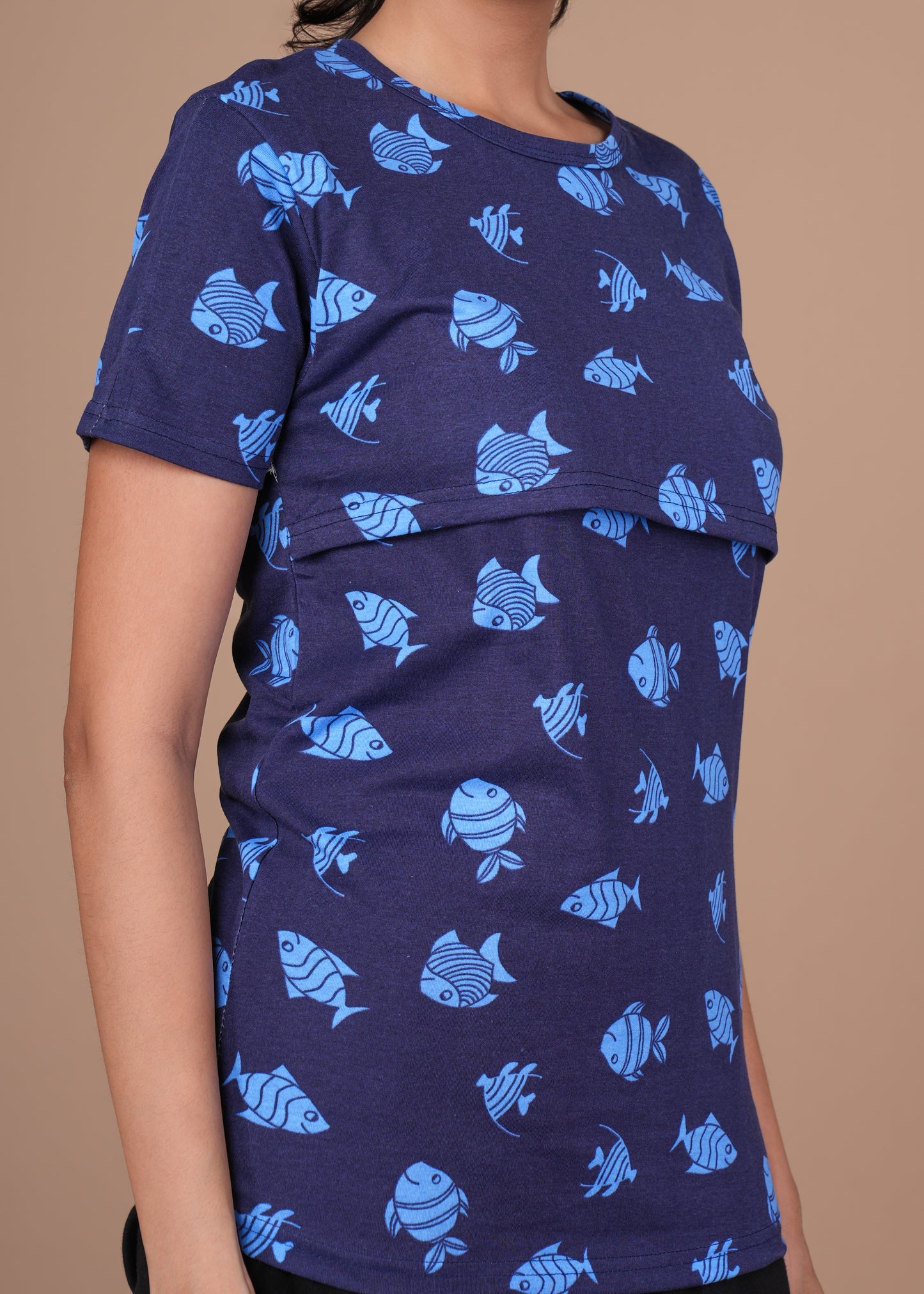 Women’s Zipless Feeding Top-Navy Blue with Light Blue Fish Print