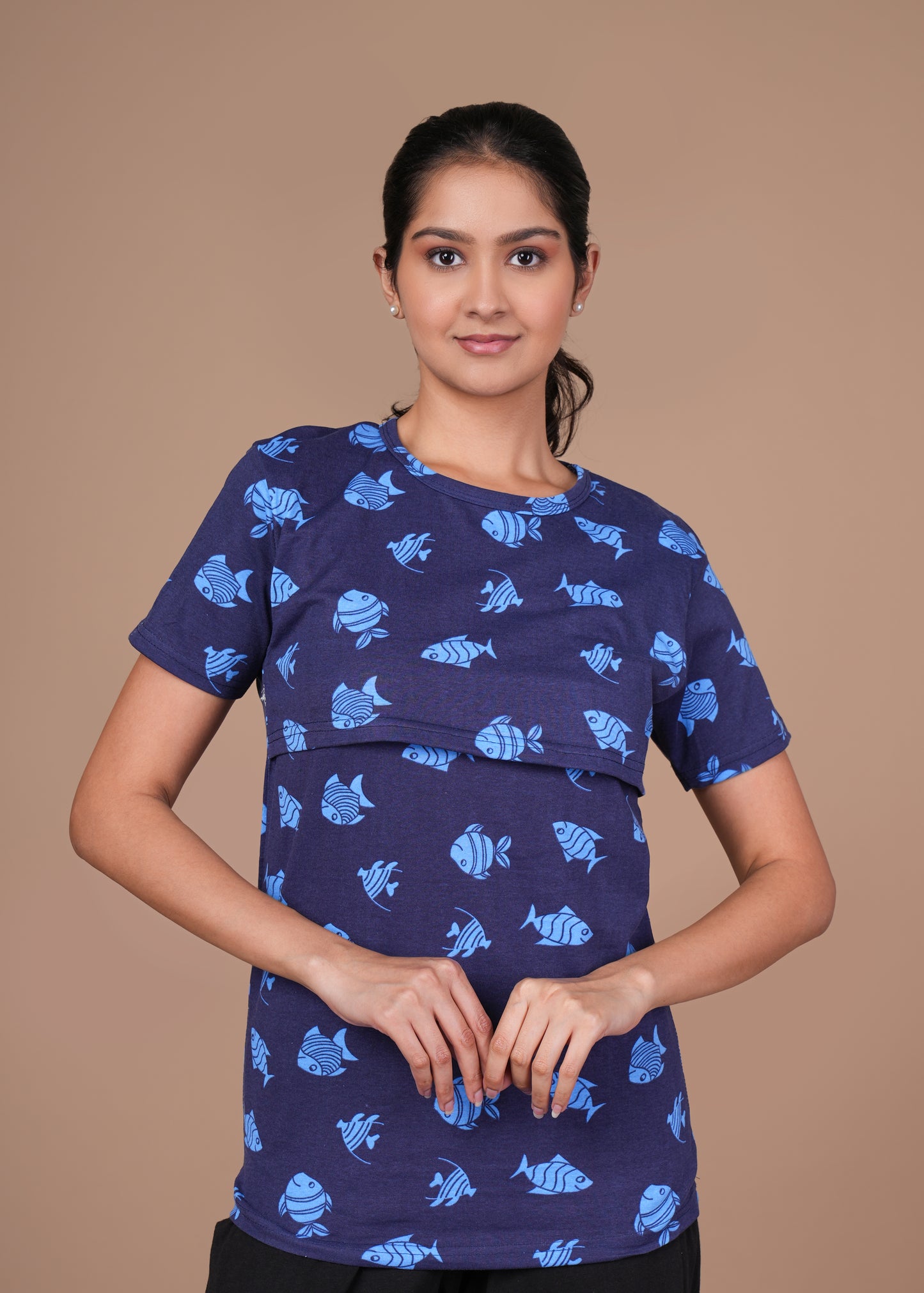 Women’s Zipless Feeding Top-Navy Blue with Light Blue Fish Print