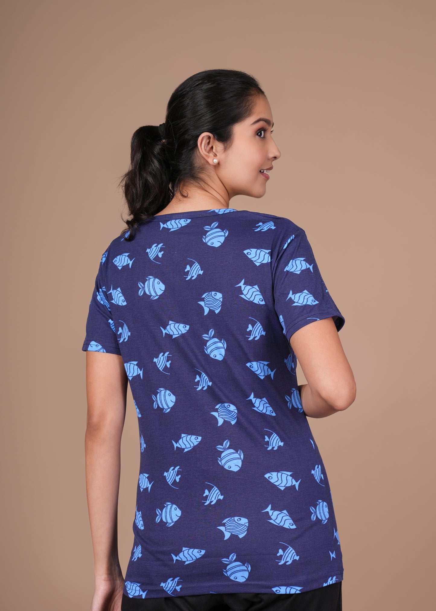 Women’s Zipless Feeding Top-Navy Blue with Light Blue Fish Print