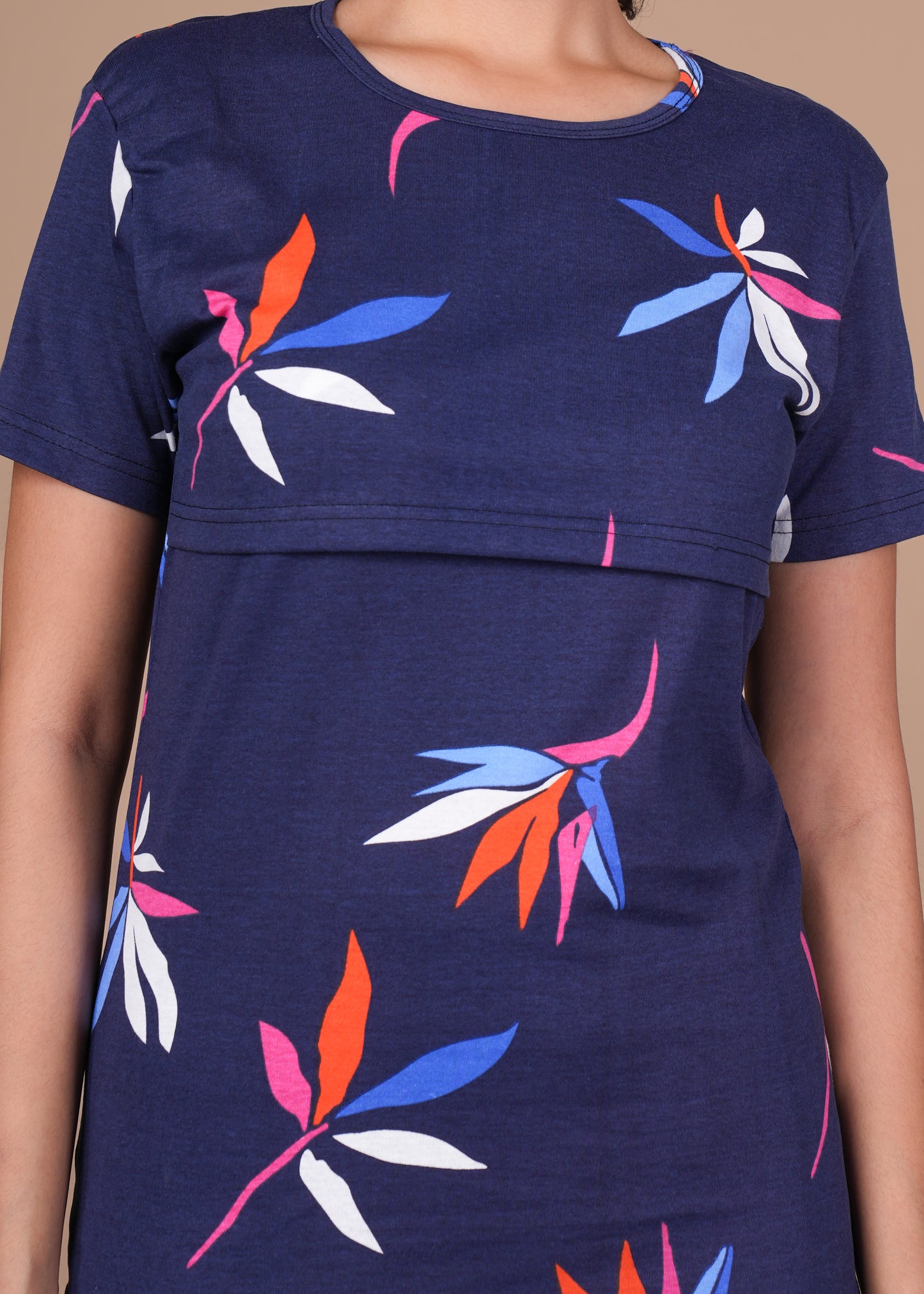 Women’s Zipless Feeding Top-Navy Blue with Multicolor Tropical Print