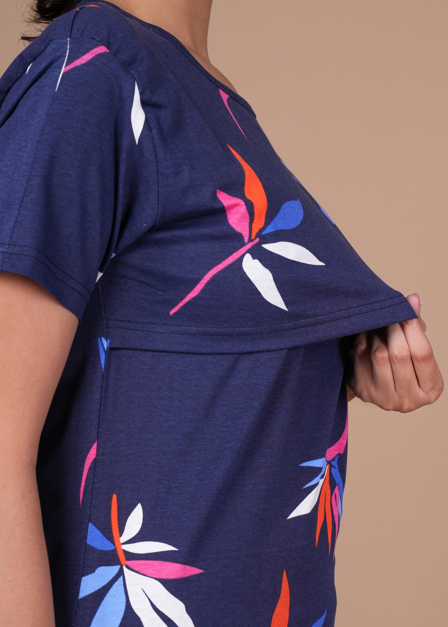 Women’s Zipless Feeding Top-Navy Blue with Multicolor Tropical Print