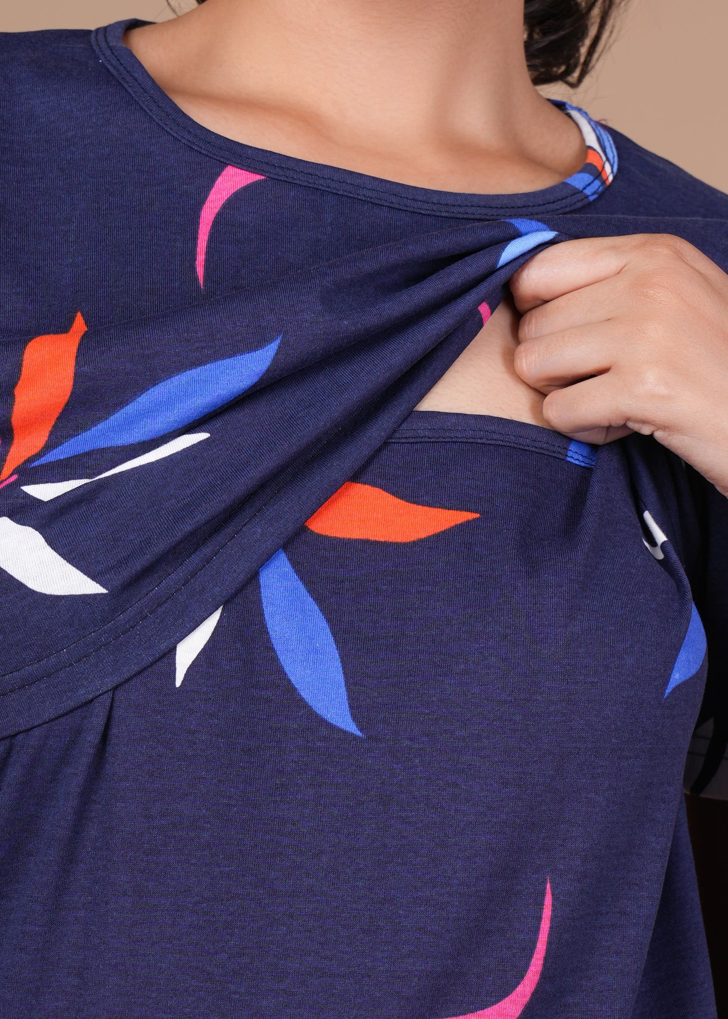 Women’s Zipless Feeding Top-Navy Blue with Multicolor Tropical Print