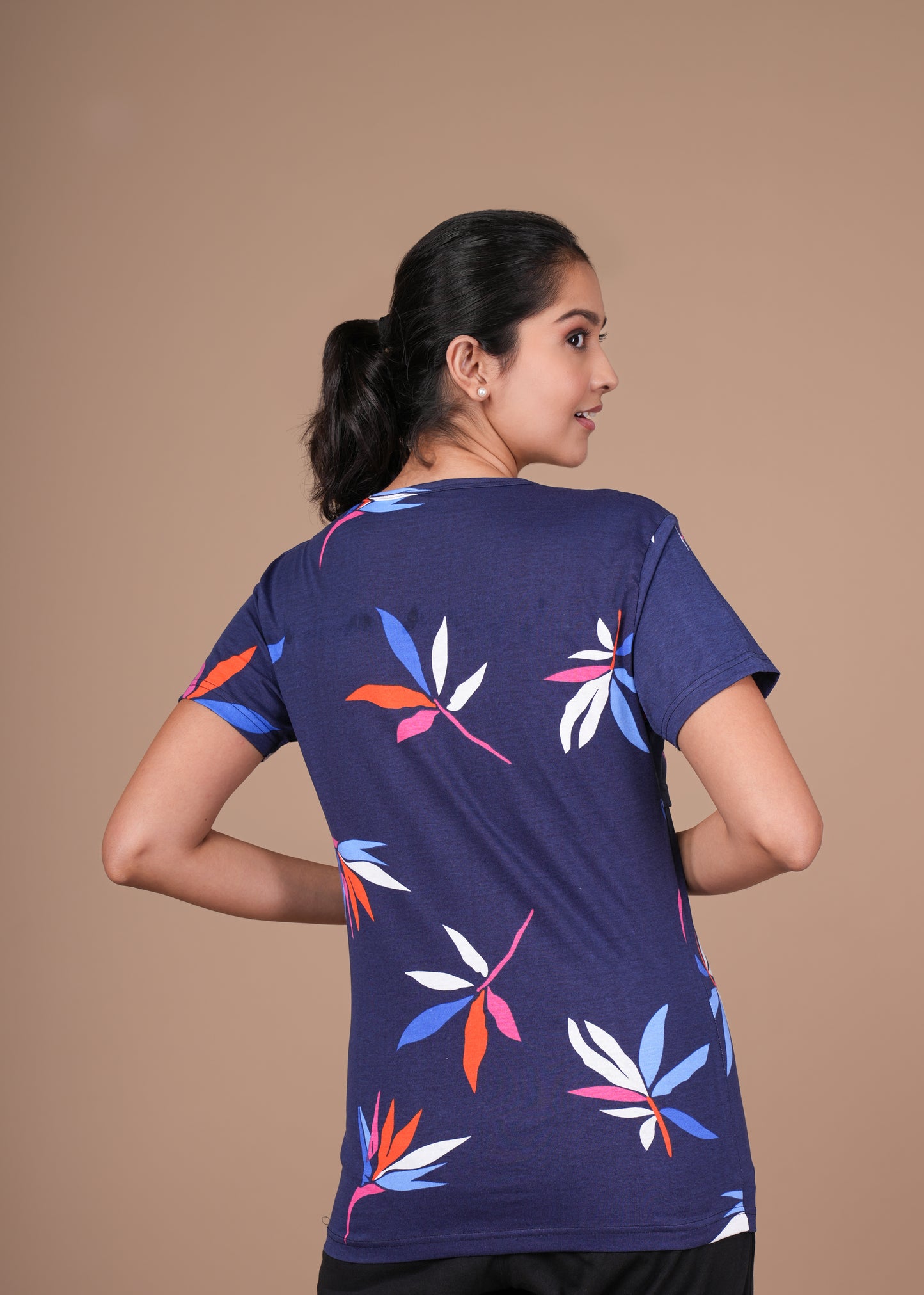 Women’s Zipless Feeding Top-Navy Blue with Multicolor Tropical Print