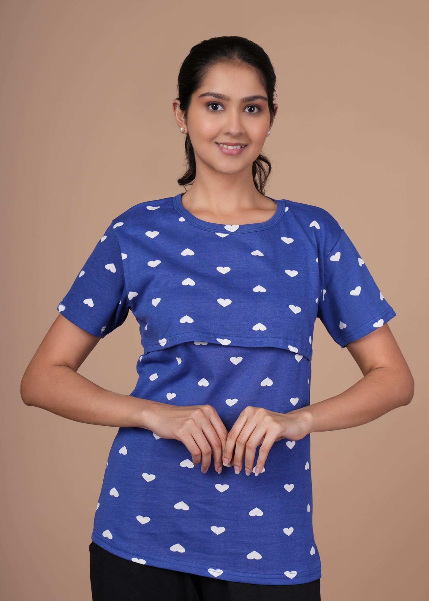 Women’s Zipless Feeding Top-Royal Blue with White Hearts