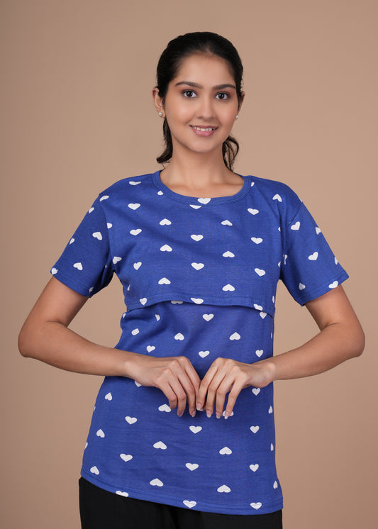 Women’s Zipless Feeding Top-Royal Blue with White Hearts