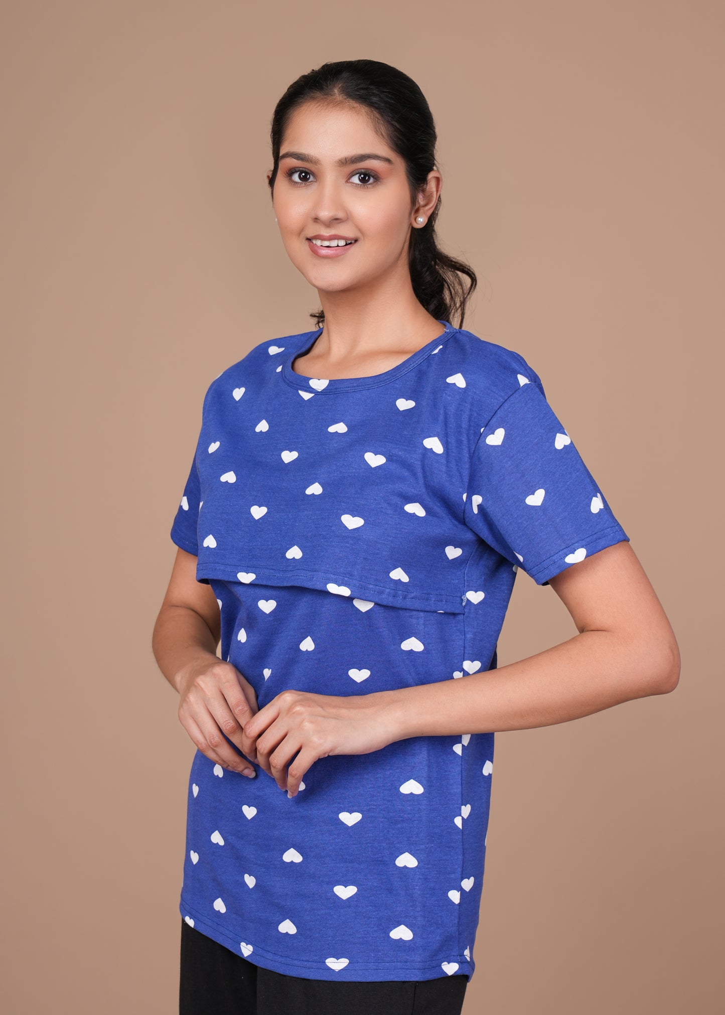 Women’s Zipless Feeding Top-Royal Blue with White Hearts