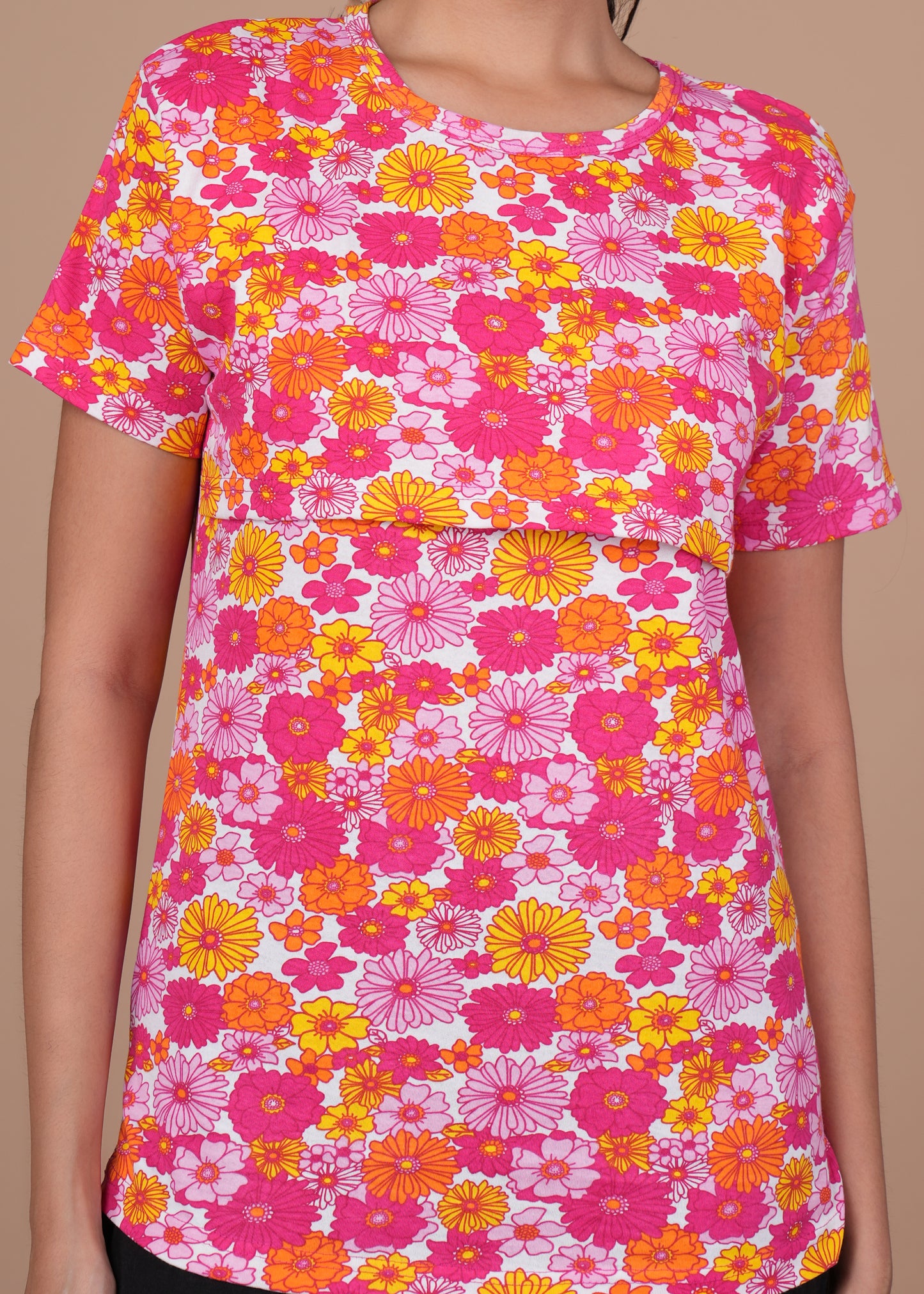 Women’s Zipless Feeding Top-Pink with Multicolor Floral Print