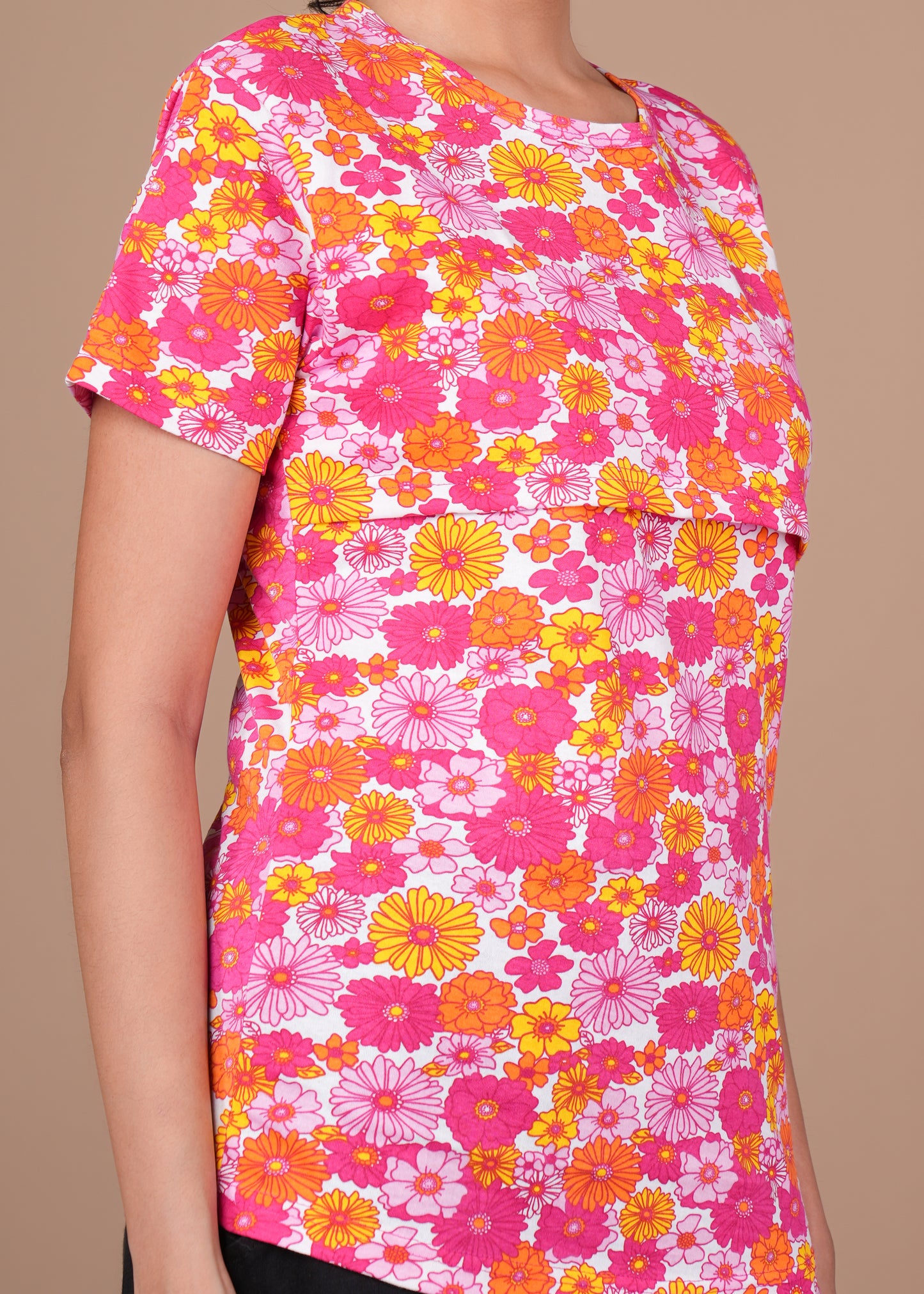 Women’s Zipless Feeding Top-Pink with Multicolor Floral Print