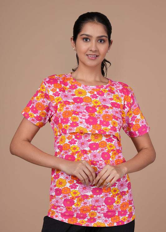 Women’s Zipless Feeding Top-Pink with Multicolor Floral Print