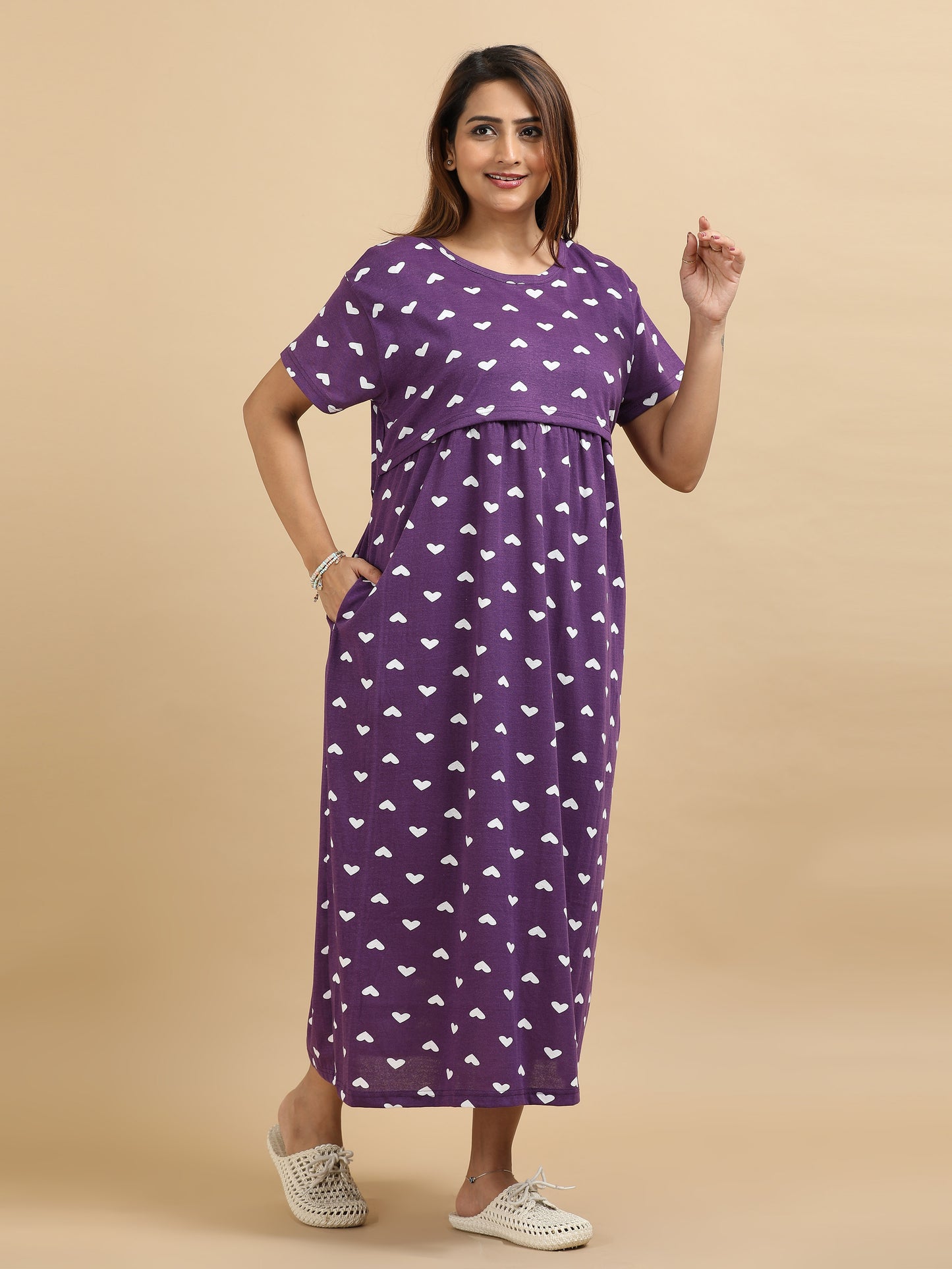 Zipless Feeding Maternity Dress –Purple with White Hearts