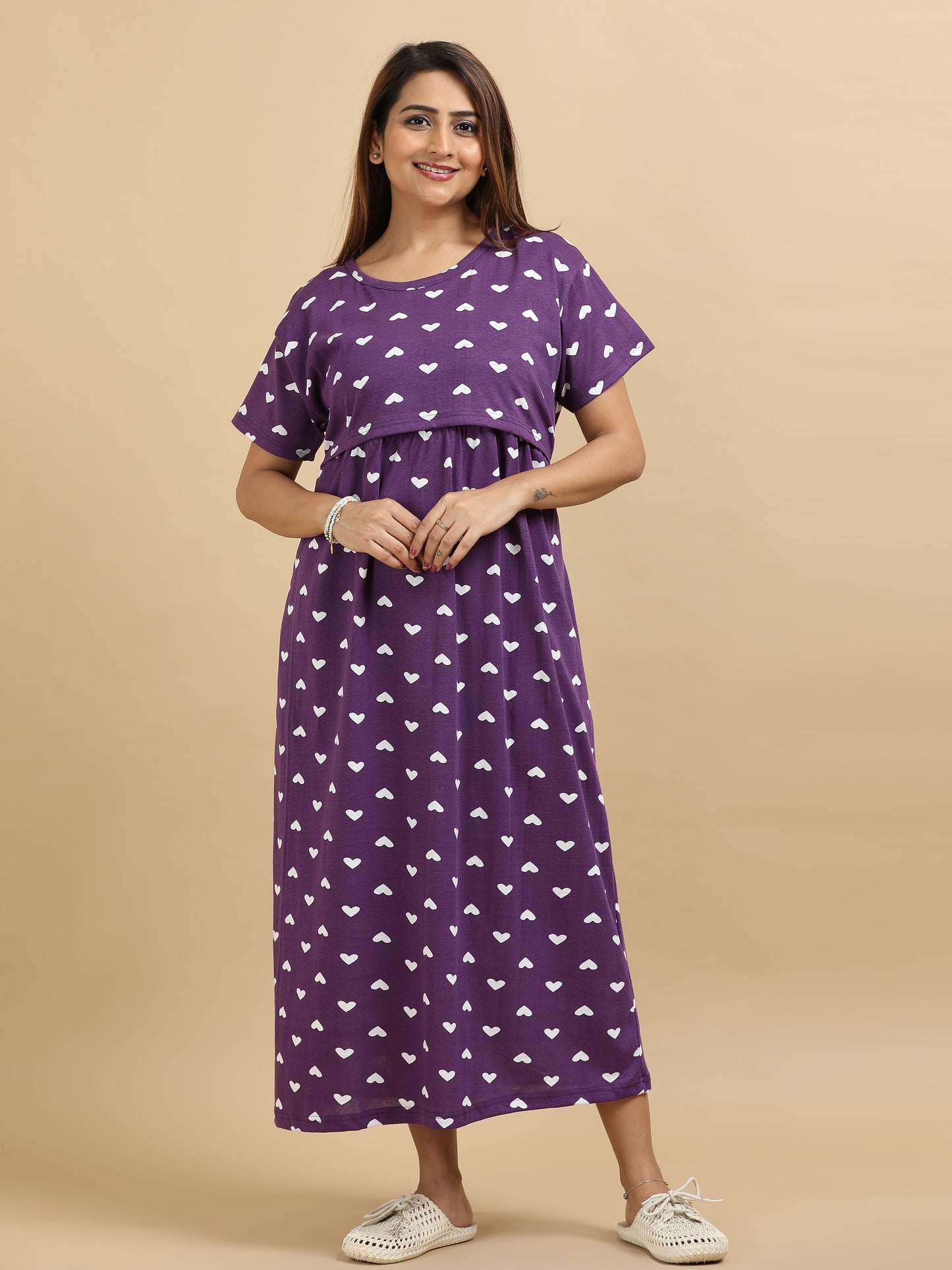 Zipless Feeding Maternity Dress –Purple with White Hearts