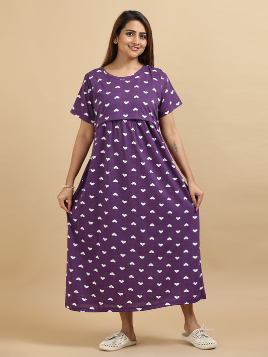 Zipless Feeding Maternity Dress –Purple with White Hearts