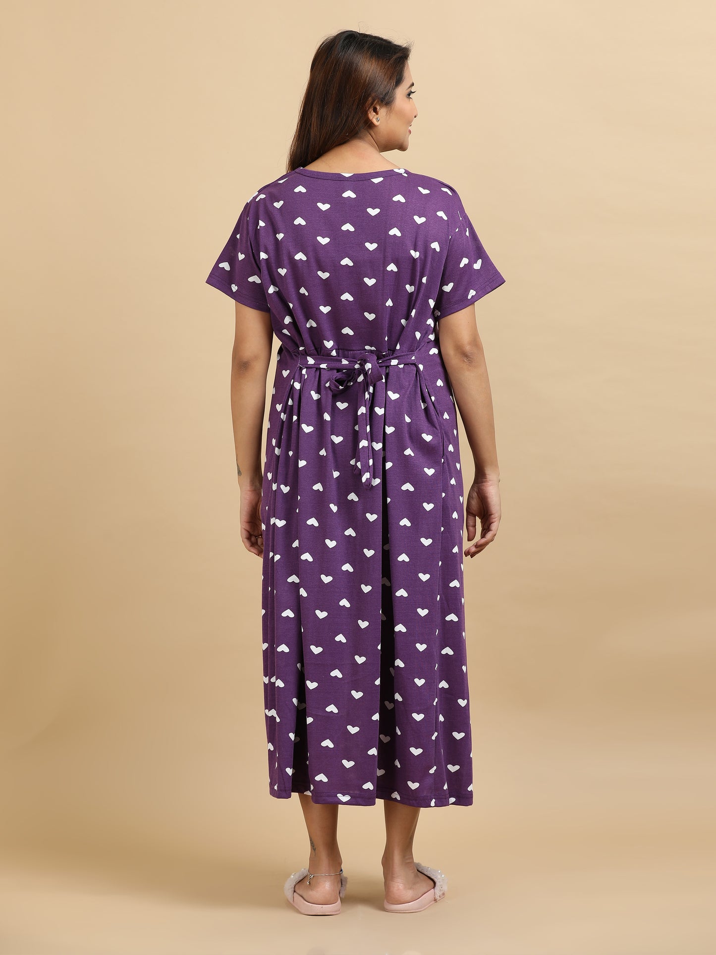 Zipless Feeding Maternity Dress –Purple with White Hearts