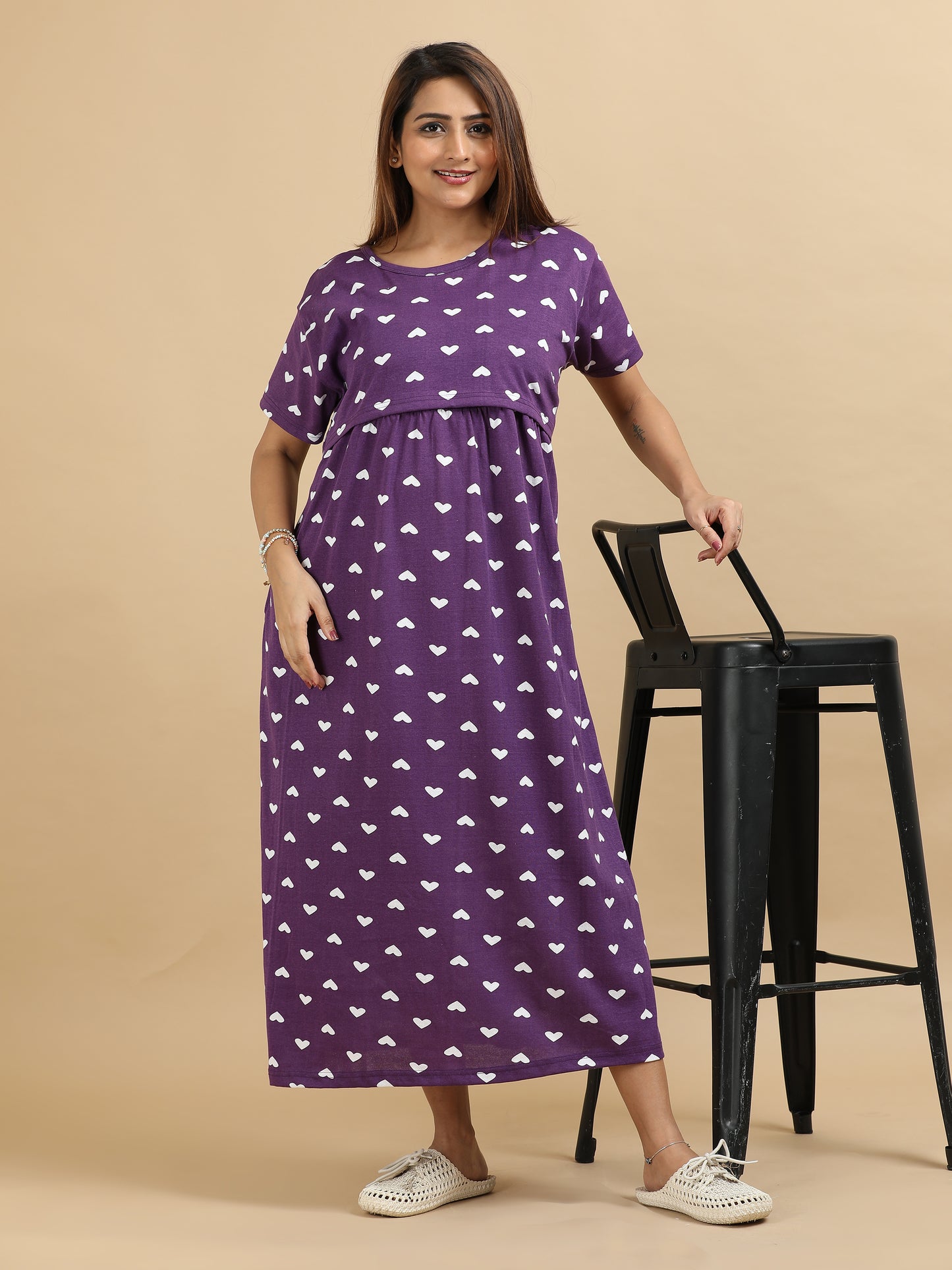 Zipless Feeding Maternity Dress –Purple with White Hearts