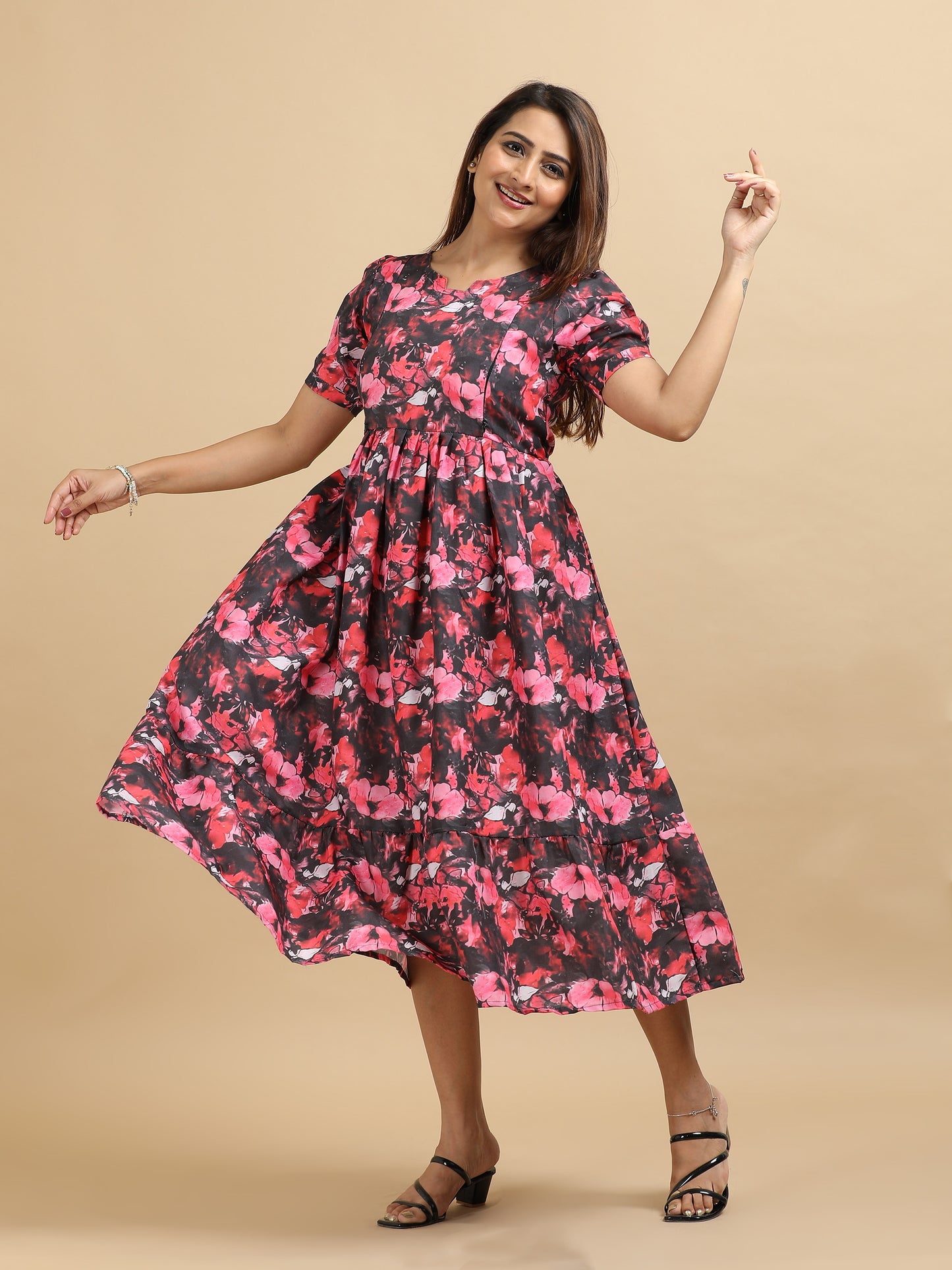 Feeding Black with Pink & Red Floral Maternity Kurti