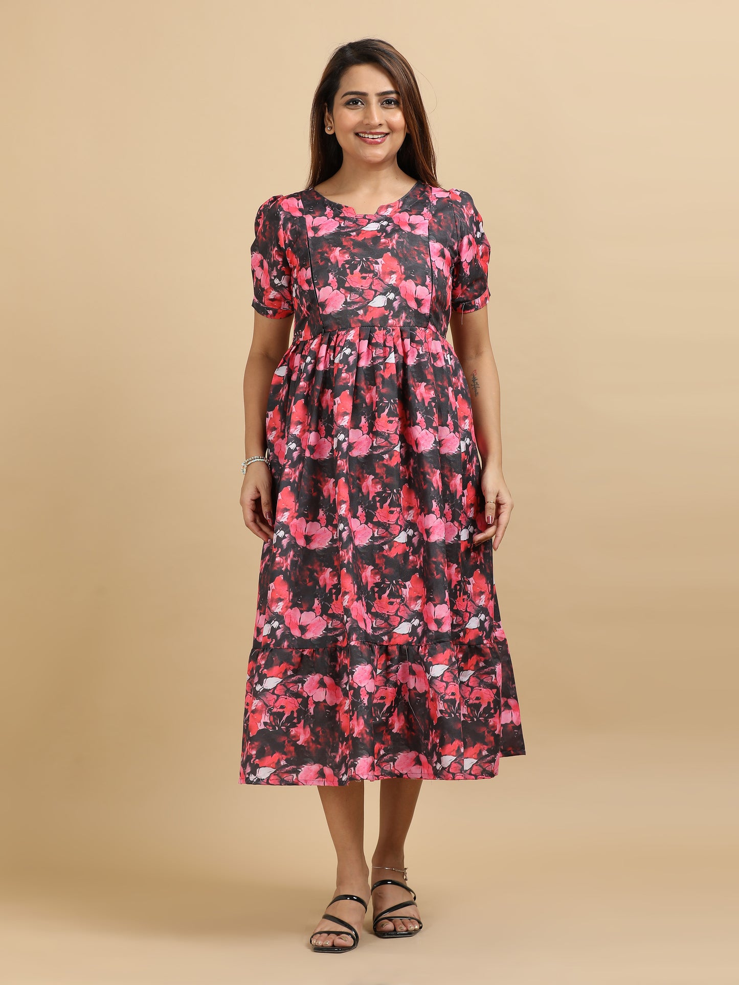 Feeding Black with Pink & Red Floral Maternity Kurti