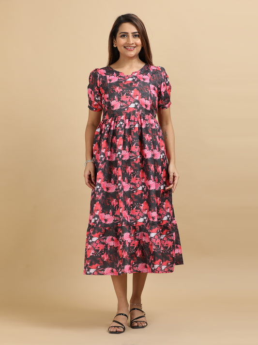 Feeding Black with Pink & Red Floral Maternity Kurti