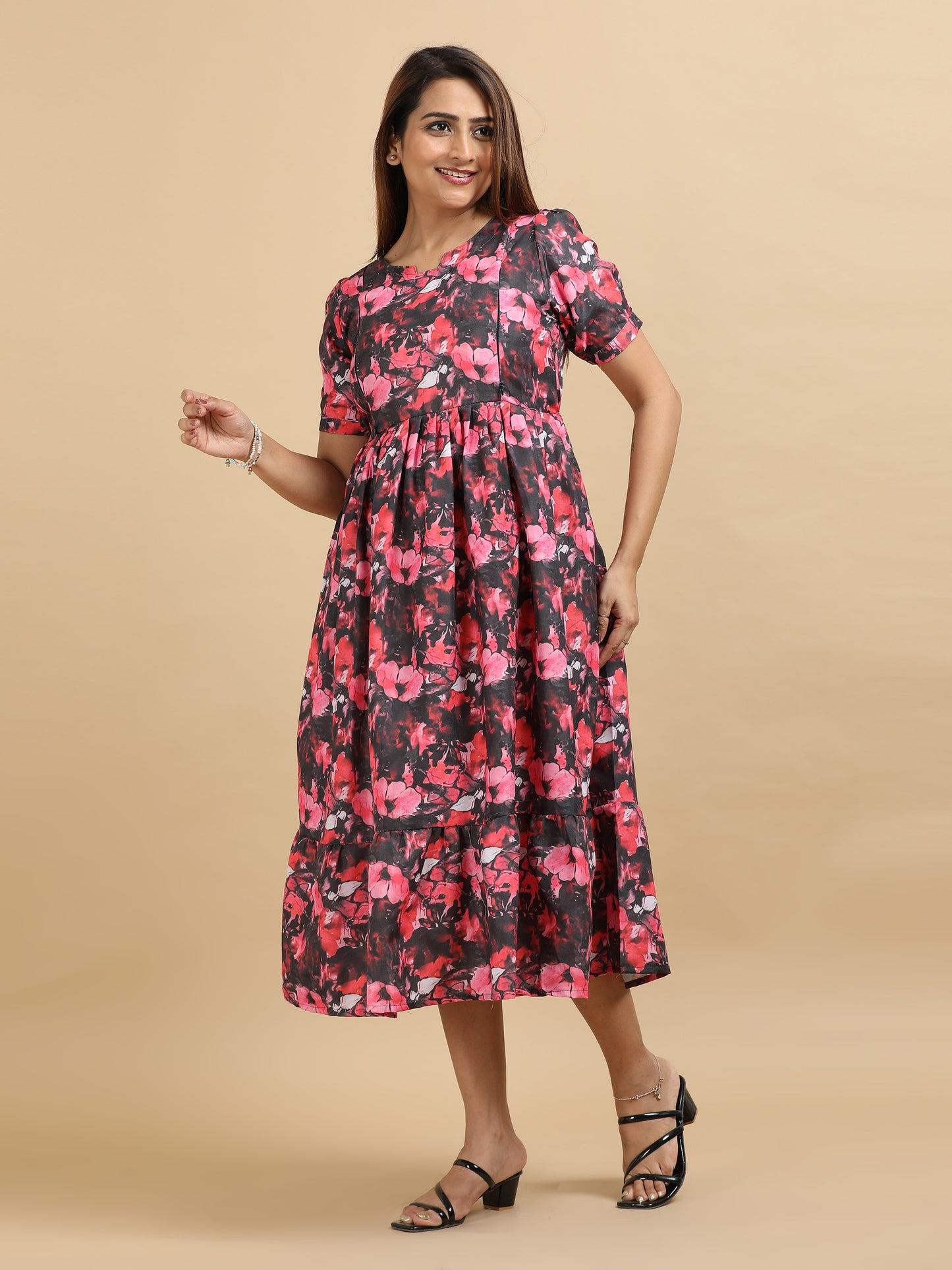 Feeding Black with Pink & Red Floral Maternity Kurti