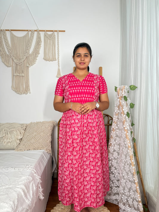 Feeding Women's Maxi Nighty – Full-Length Nightwear-Bright Pink with White Paisley Floral