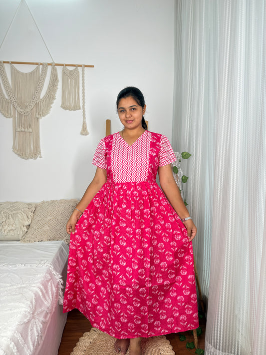 Feeding Women's Maxi Nighty – Full-Length Nightwear-Fuchsia Pink with White Floral