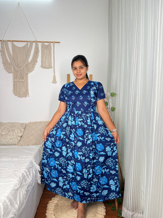 Feeding Women's Maxi Nighty – Full-Length Nightwear-Navy Blue with Blue Floral