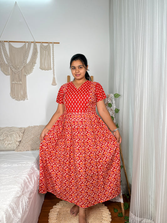 Feeding Women's Maxi Nighty – Full-Length Nightwear-Red with Yellow & White Floral Print