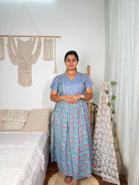 Feeding Women's Maxi Nighty – Full-Length Nightwear-Sky Blue with Pink & Yellow Floral Print